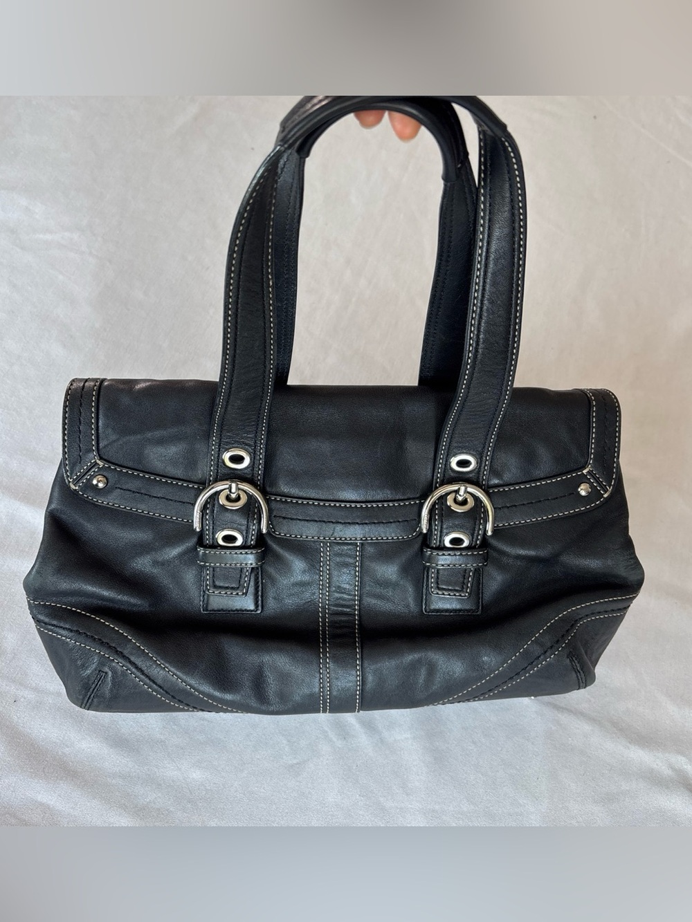 Coach Black Leather Shoulder Bag with Silver Buckles